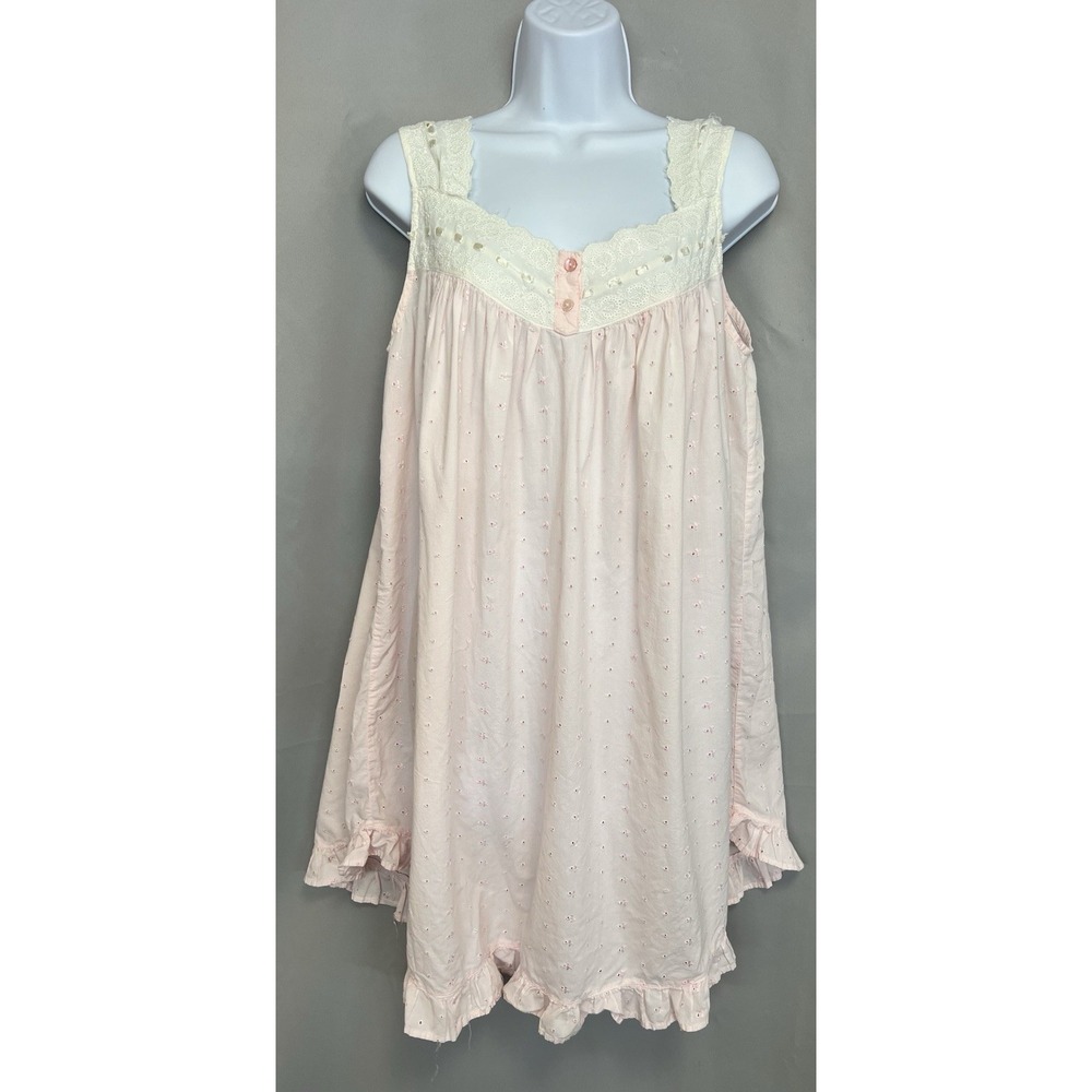 VTG Erika Taylor Intimates Ruffle‎ Hem Pink White Eyelet Nightgown Sz Large Y2K